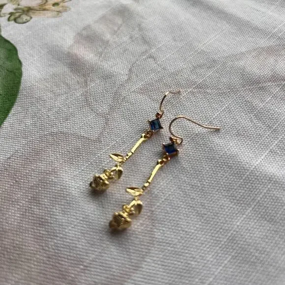 Novelty Sapphire Blue Topaz Rose Earrings, Spring Rose Casual Fun Gift Earrings - Picture 5 of 7